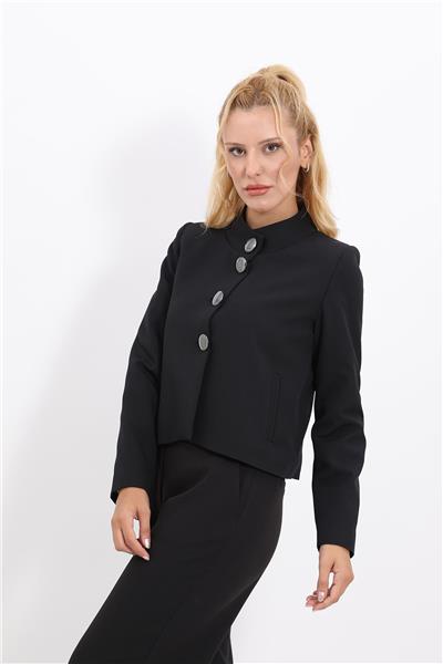 Boydan Düğmeli Mini Ceket-Siyah