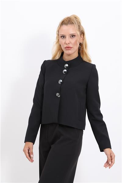 Boydan Düğmeli Mini Ceket-Siyah