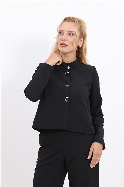 Boydan Düğmeli Mini Ceket-Siyah