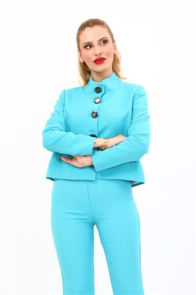 Boydan Düğmeli Mini Ceket-Turkuaz