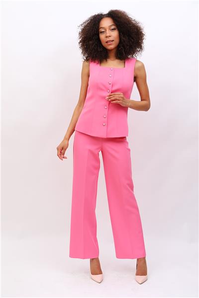 Boydan Düğmeli  Yelek & Bol Paça Pantolon Takım-Pembe
