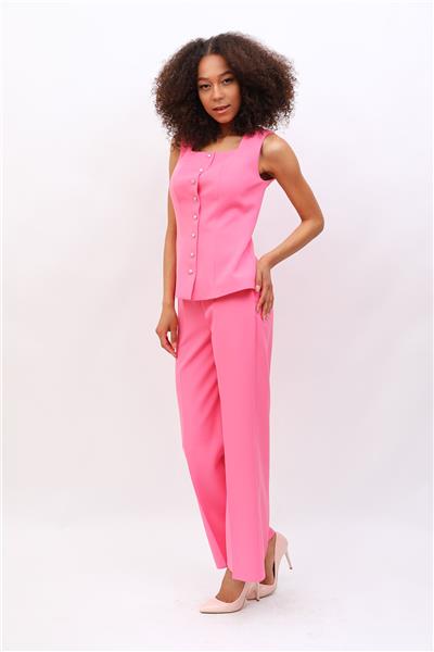 Boydan Düğmeli  Yelek & Bol Paça Pantolon Takım-Pembe