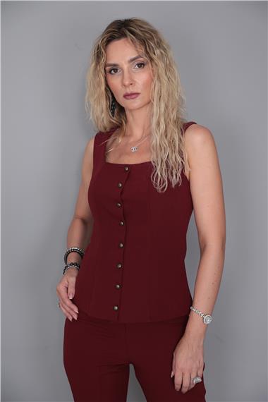 Kare Yaka Kuplu Yelek-Bordo