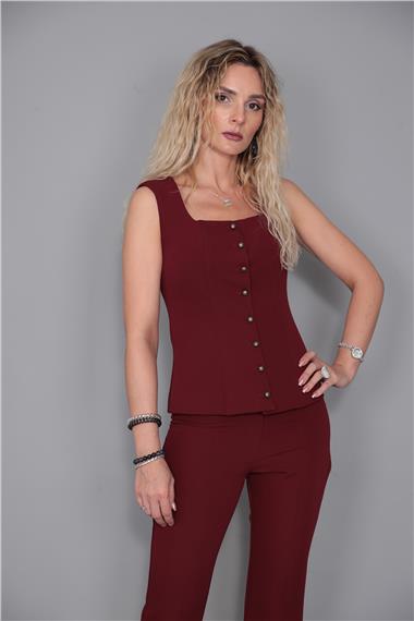 Kare Yaka Kuplu Yelek-Bordo