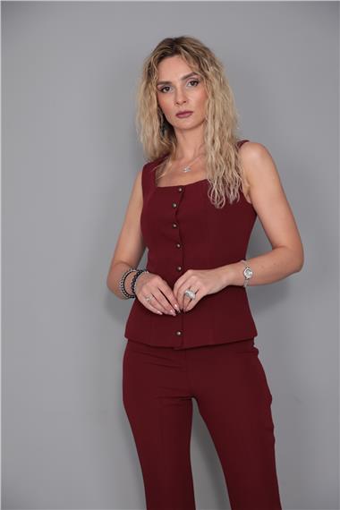 Kare Yaka Kuplu Yelek-Bordo