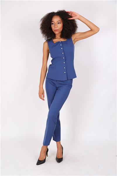 Boydan Düğmeli Yelek & Boru Paça Pantolon Takım-İndigo