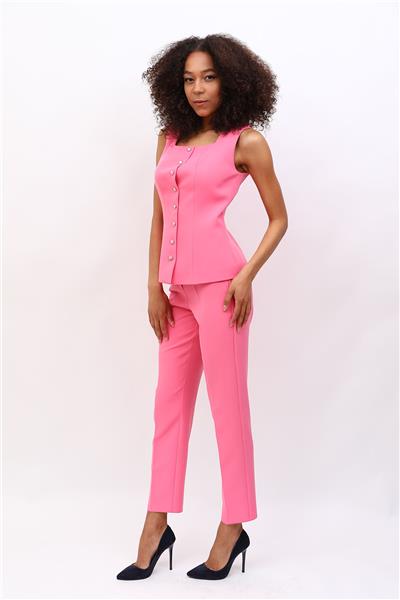 Boydan Düğmeli Yelek & Boru Paça Pantolon Takım-Pembe