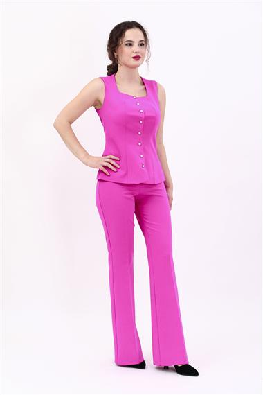 Kare Yaka Kuplu Yelek & İspanyol Paça Pantolon-Fuşya