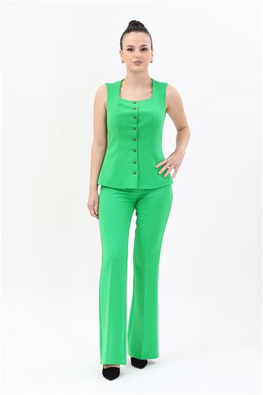 Kare Yaka Kuplu Yelek & İspanyol Paça Pantolon-Yeşil