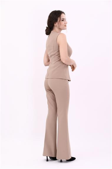 Kare Yaka Kuplu Yelek & İspanyol Paça Pantolon-Taş