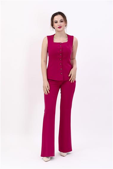 Kare Yaka Kuplu Yelek & İspanyol Paça Pantolon-Bordo