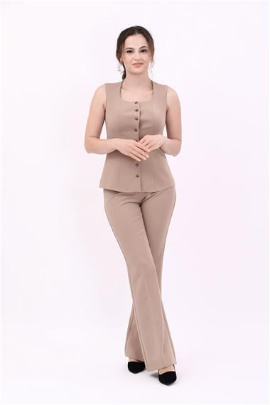 Kare Yaka Kuplu Yelek & İspanyol Paça Pantolon-Taş