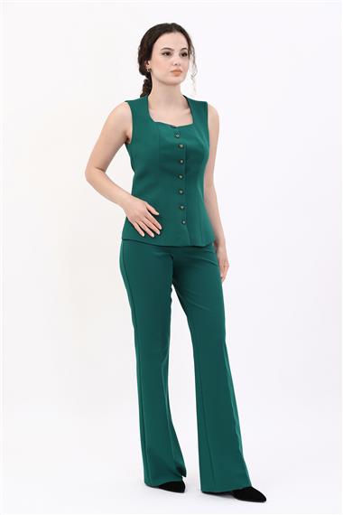 Kare Yaka Kuplu Yelek & İspanyol Paça Pantolon-Zümrüt