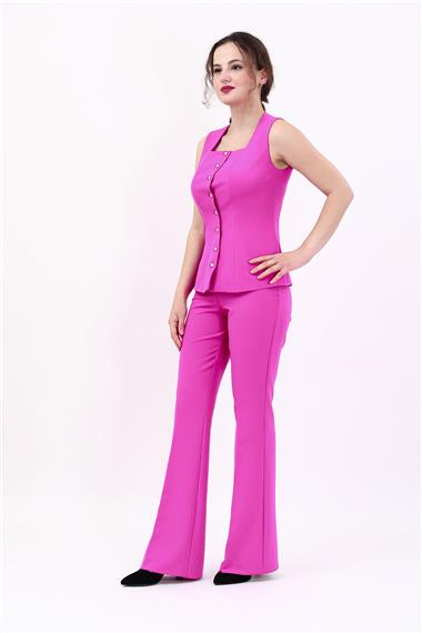 Kare Yaka Kuplu Yelek & İspanyol Paça Pantolon-Fuşya