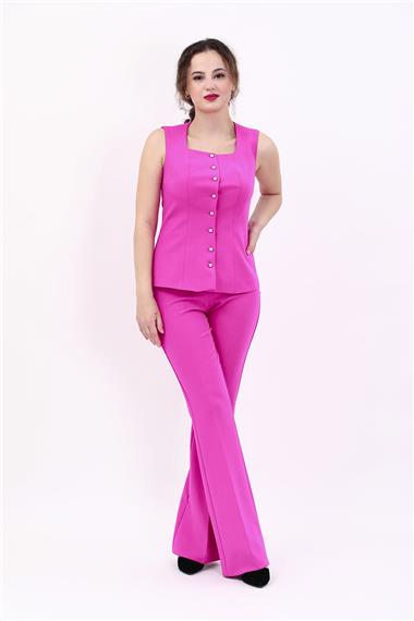 Kare Yaka Kuplu Yelek & İspanyol Paça Pantolon-Fuşya