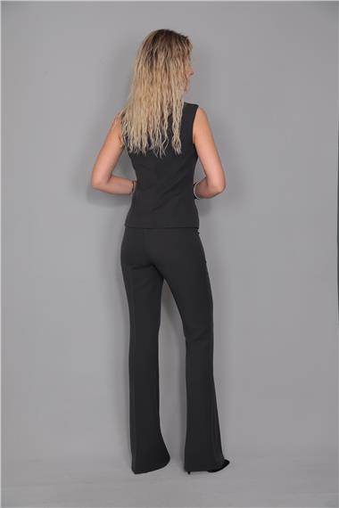 Kare Yaka Kuplu Yelek & İspanyol Paça Pantolon-Füme