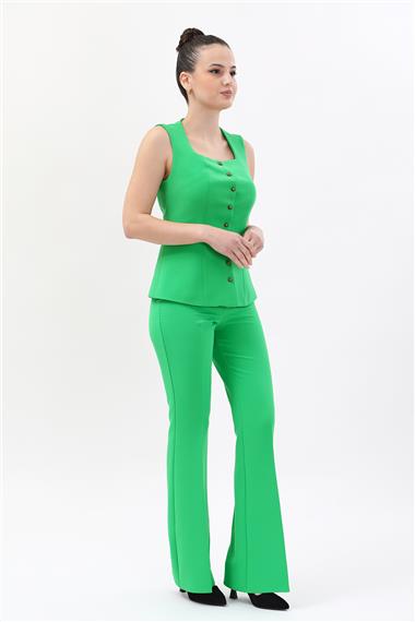 Kare Yaka Kuplu Yelek & İspanyol Paça Pantolon-Yeşil