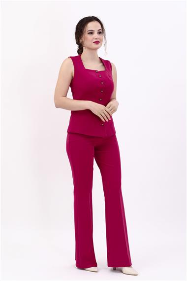Kare Yaka Kuplu Yelek & İspanyol Paça Pantolon-Bordo