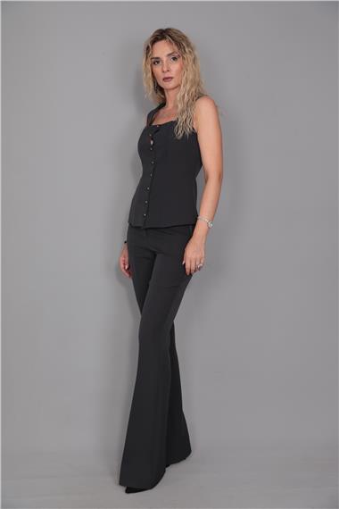 Kare Yaka Kuplu Yelek & İspanyol Paça Pantolon-Füme