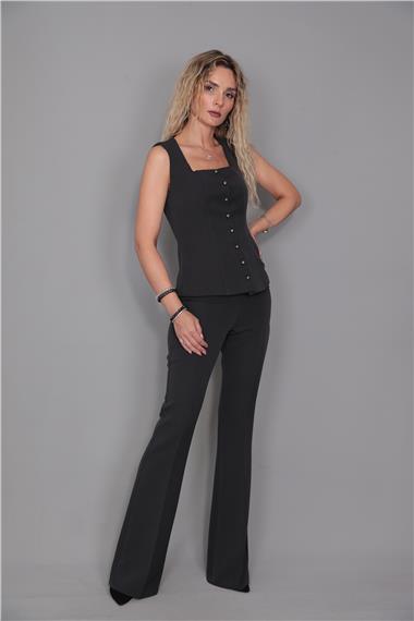 Kare Yaka Kuplu Yelek & İspanyol Paça Pantolon-Füme