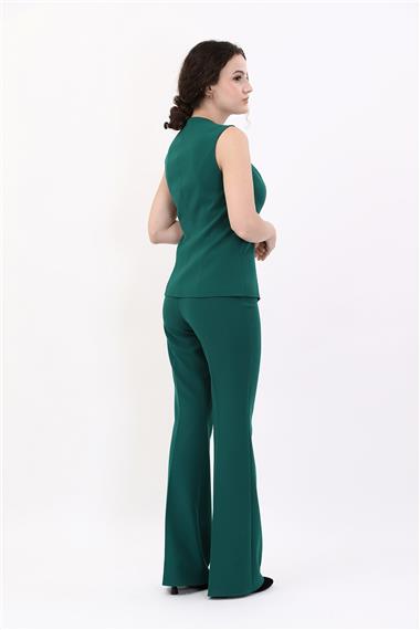Kare Yaka Kuplu Yelek & İspanyol Paça Pantolon-Zümrüt