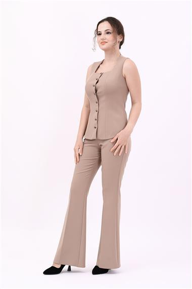 Kare Yaka Kuplu Yelek & İspanyol Paça Pantolon-Taş