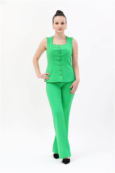 Kare Yaka Kuplu Yelek & İspanyol Paça Pantolon-Yeşil