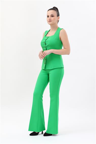 Kare Yaka Kuplu Yelek & İspanyol Paça Pantolon-Yeşil