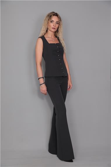 Kare Yaka Kuplu Yelek & İspanyol Paça Pantolon-Füme