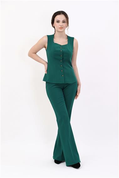 Kare Yaka Kuplu Yelek & İspanyol Paça Pantolon-Zümrüt