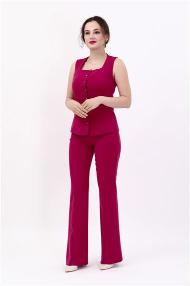 Kare Yaka Kuplu Yelek & İspanyol Paça Pantolon-Bordo