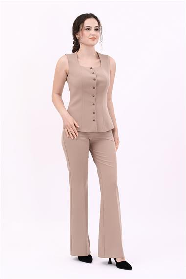 Kare Yaka Kuplu Yelek & İspanyol Paça Pantolon-Taş