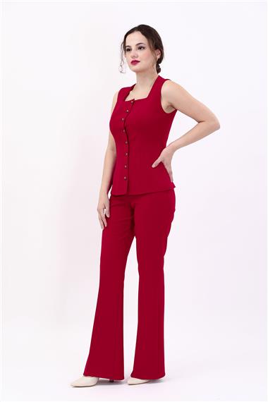 Kare Yaka Kuplu Yelek & İspanyol Paça Pantolon-Kırmızı