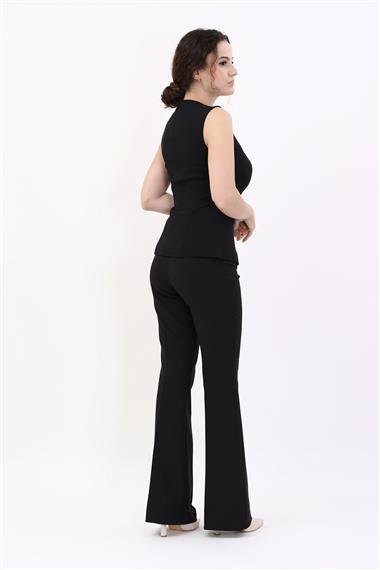 Kare Yaka Kuplu Yelek & İspanyol Paça Pantolon-Siyah