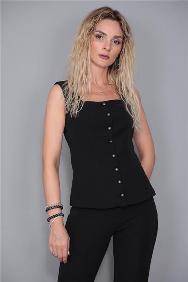 Kare Yaka Kuplu Yelek-Siyah