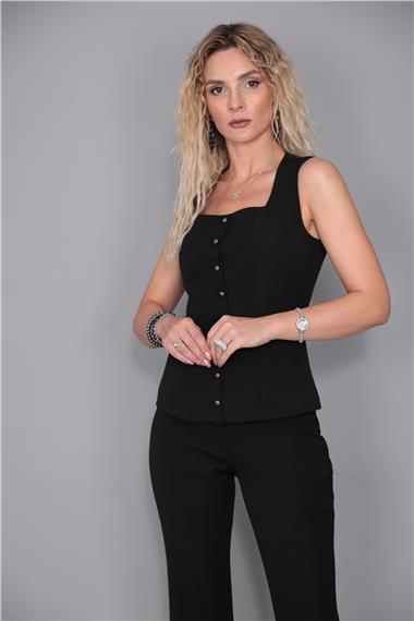 Kare Yaka Kuplu Yelek-Siyah