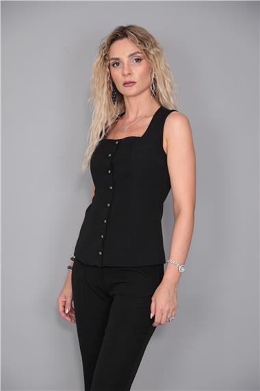 Kare Yaka Kuplu Yelek-Siyah