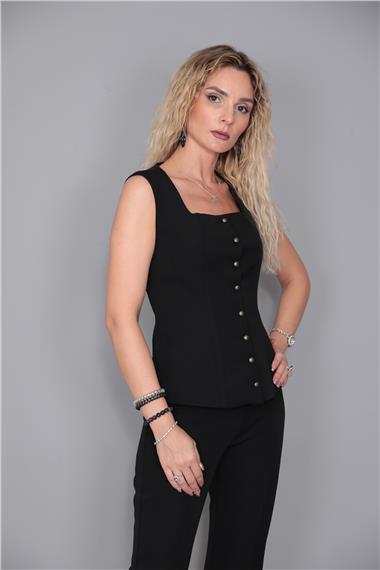 Kare Yaka Kuplu Yelek-Siyah