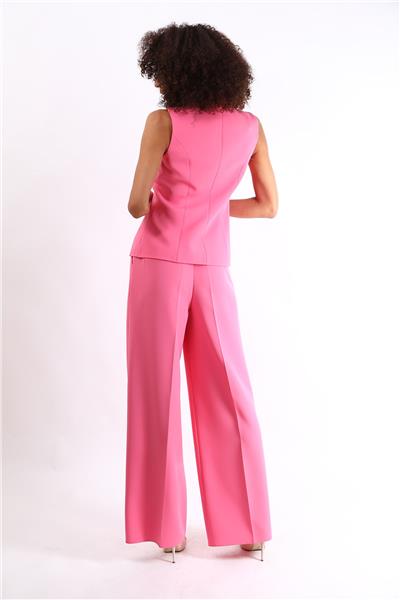 Boydan Düğmeli  Yelek & Yüksek Bel Bol Paça Pantolon Takım-Pembe