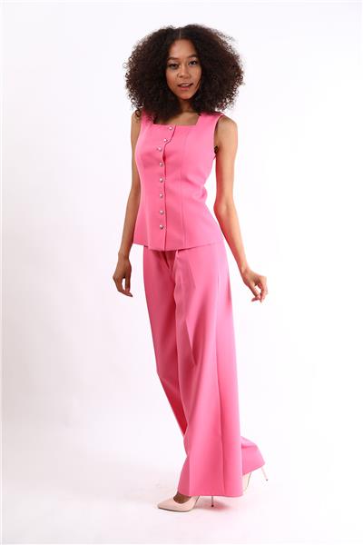 Boydan Düğmeli  Yelek & Yüksek Bel Bol Paça Pantolon Takım-Pembe