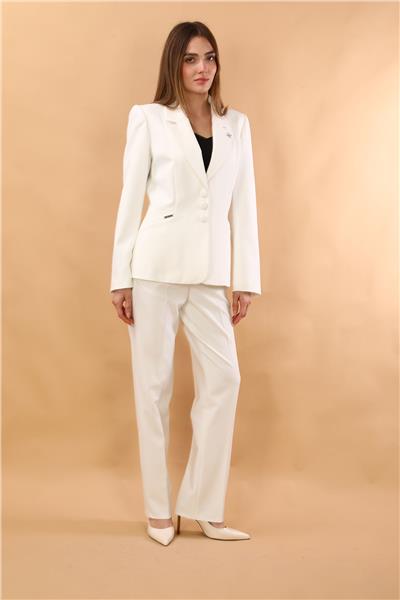 Ceket Yaka Cepli Modern Ceket  & Cepli Boru Paça Pantolon Kadın Takım Elbise-Beyaz