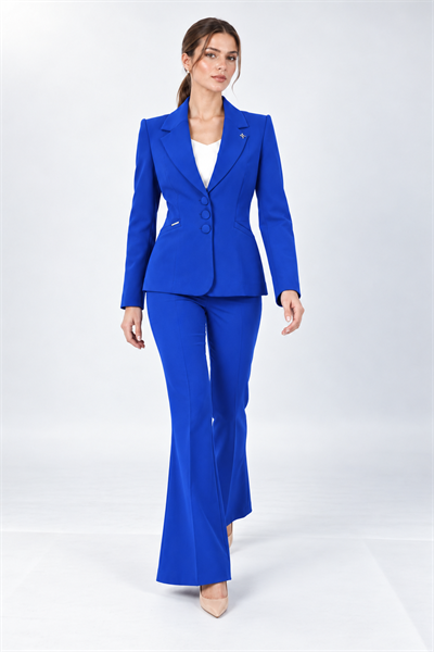 Ceket Yaka Cepli Modern Ceket & Cepli İspanyol Paça Pantolon Kadın Takım Elbise-Saks - 1177506