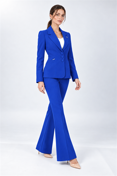 Ceket Yaka Cepli Modern Ceket & Cepli İspanyol Paça Pantolon Kadın Takım Elbise-Saks - 1177506