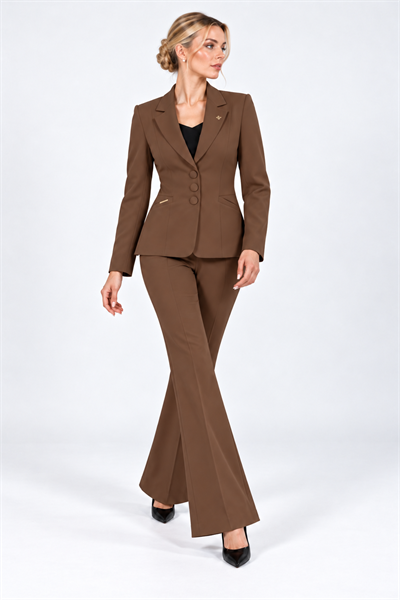 Ceket Yaka Cepli Modern Ceket & Cepli İspanyol Paça Pantolon Kadın Takım Elbise-Kestane - 1177506