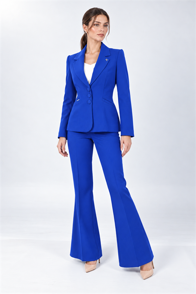 Ceket Yaka Cepli Modern Ceket & Cepli İspanyol Paça Pantolon Kadın Takım Elbise-Saks - 1177506