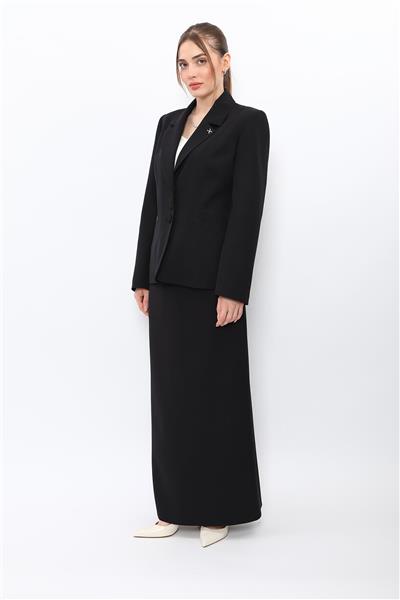 Ceket Yaka Cepli Modern Ceket  & Kare Cepli Uzun Çan Etek Kadın Takım Elbise-Siyah