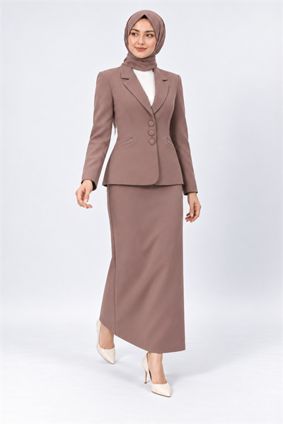 Ceket Yaka Cepli Modern Ceket & Uzun Kalem Etek Kadın Takım Elbise-Kahve - 1177553