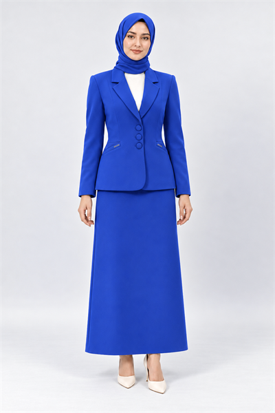 Ceket Yaka Cepli Modern Ceket & Uzun Kalem Etek Kadın Takım Elbise-Saks - 1177553