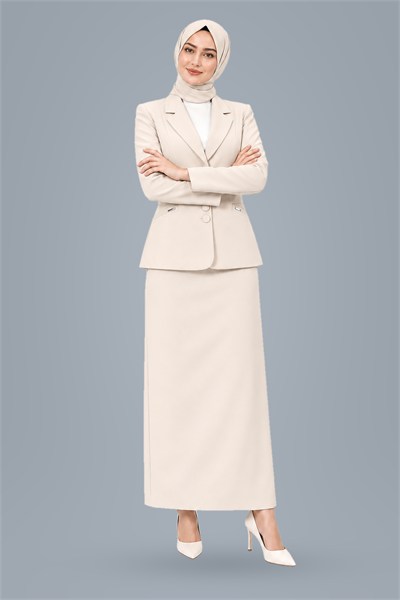 Ceket Yaka Cepli Modern Ceket & Uzun Kalem Etek Kadın Takım Elbise-Bej - 1177553