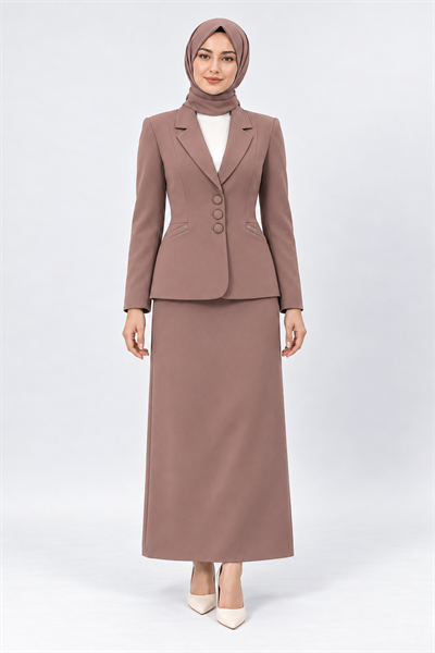 Ceket Yaka Cepli Modern Ceket & Uzun Kalem Etek Kadın Takım Elbise-Kahve - 1177553